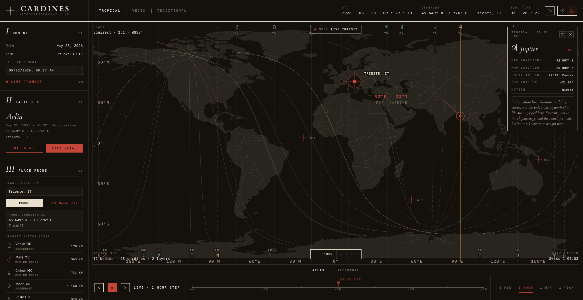 Cardines dark-mode astrocartography interface screenshot