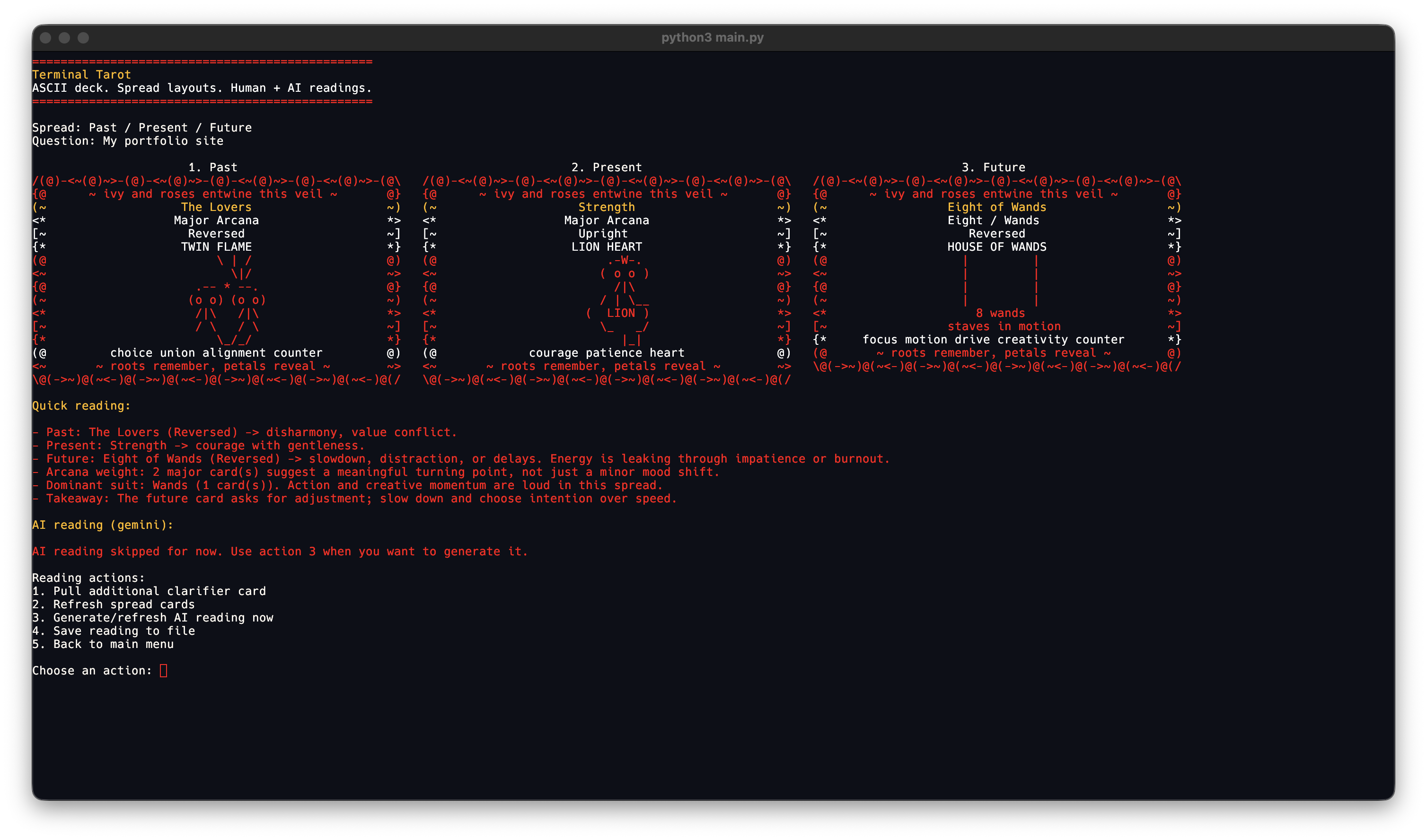 Terminal Tarot command-line tarot reading screenshot